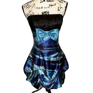 Jessica McClintok Gunne Sax 5 LBD Blue Strapless Satin‎ Fit Flare Dress Blue Bow